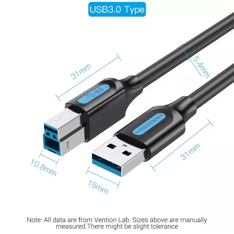 Vention USB 3.0 A-B kabelis 3 m — USB 3.2 Gen 1 (5 Gbit/s), melns, niķelēti savienotāji
