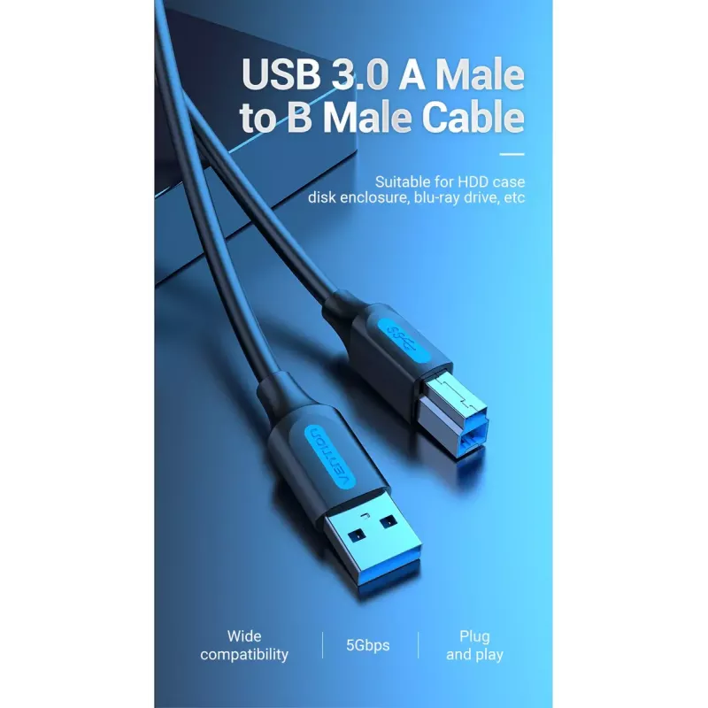 Vention USB 3.0 A-B kabelis 3 m — USB 3.2 Gen 1 (5 Gbit/s), melns, niķelēti savienotāji