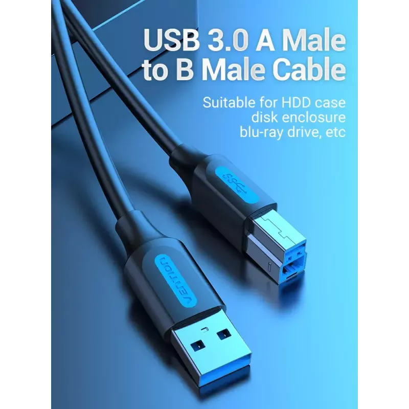 Vention USB 3.0 A-B kabelis 3 m — USB 3.2 Gen 1 (5 Gbit/s), melns, niķelēti savienotāji