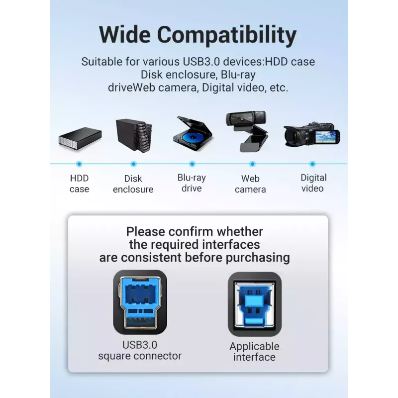 Vention USB 3.0 A-B kabelis 3 m — USB 3.2 Gen 1 (5 Gbit/s), melns, niķelēti savienotāji