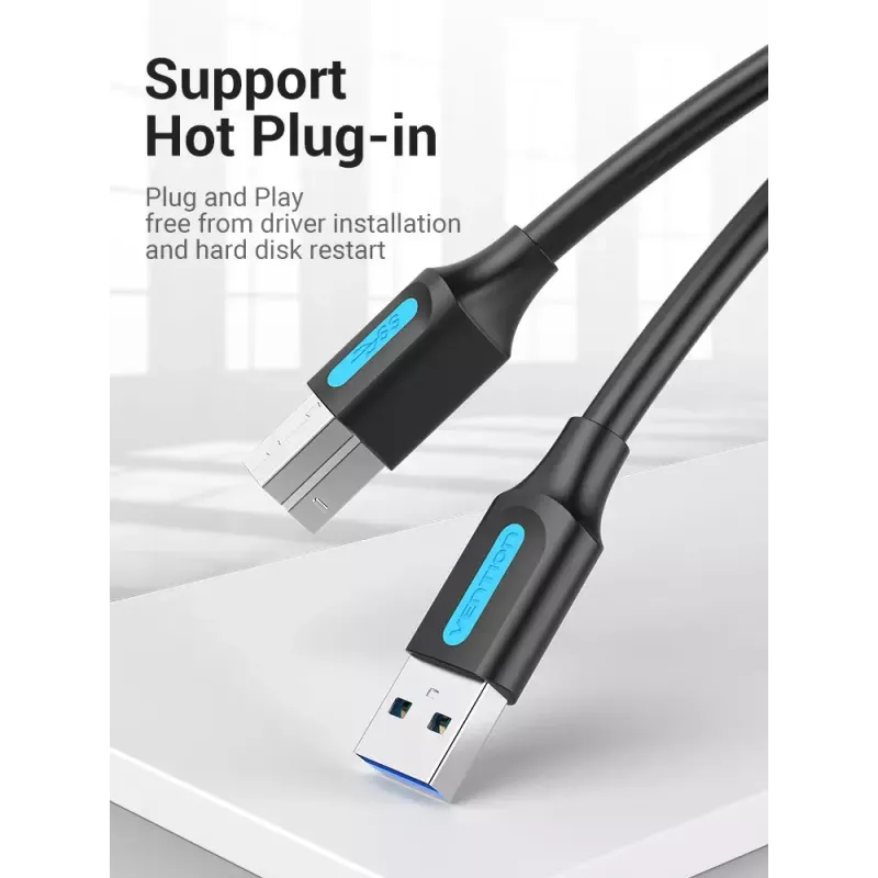 Vention USB 3.0 A-B kabelis 3 m — USB 3.2 Gen 1 (5 Gbit/s), melns, niķelēti savienotāji
