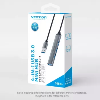 USB centrmezgls Vention CKOHB — 4 portu USB 3.2 Gen 1/USB 2.0, 0,15 m kabelis, pelēks alumīnijs