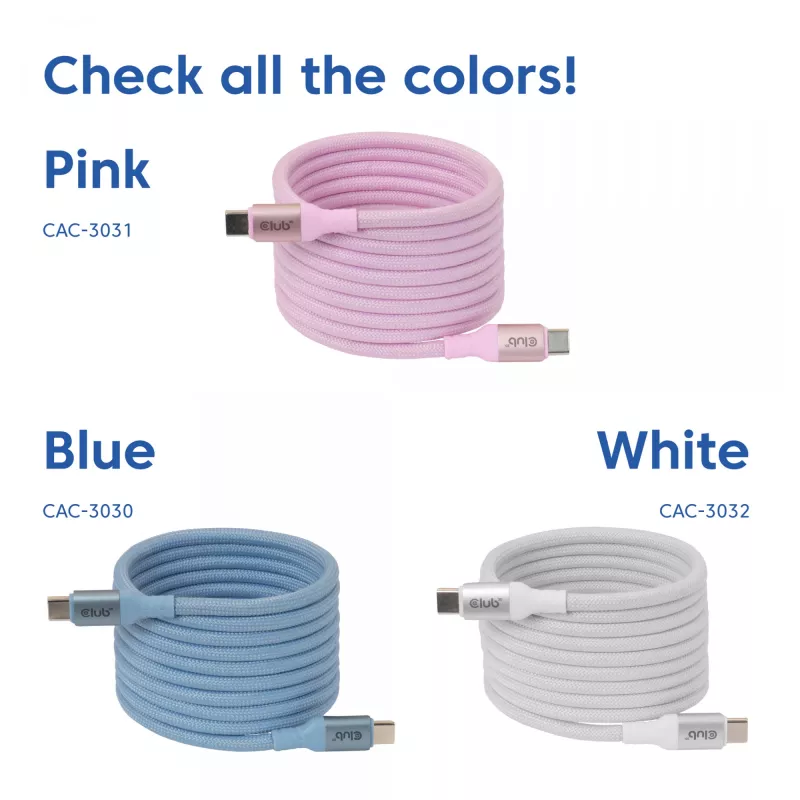 CLUB3D USB-C magnētiskā spole 240W rozā kabelis 2m USB 2.0