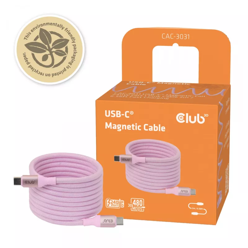 CLUB3D USB-C magnētiskā spole 240W rozā kabelis 2m USB 2.0