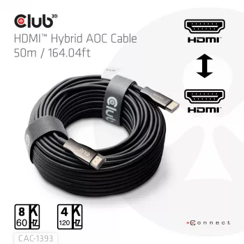 Club 3D HDMI Hybrid AOC kabelis 8K60Hz / 4K120Hz 50 m, HDMI Type A vīriešu–vīriešu
