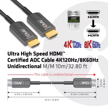 CLUB3D Ultra High Speed HDMI™ Sertificēts AOC Kabelis 4K120Hz/8K60Hz Vienvirziena Vīriešu/Vīriešu 10m/32.80ft