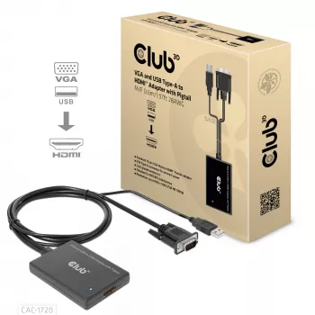 CLUB3D VGA un USB Type-A uz HDMI adapteris ar pigtail kabeli 0,6m 28AWG