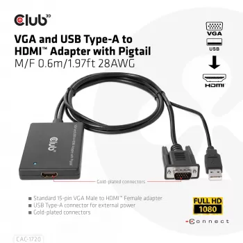 CLUB3D VGA un USB Type-A uz HDMI adapteris ar pigtail kabeli 0,6m 28AWG