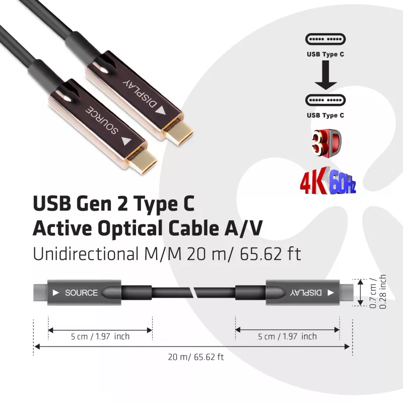 CLUB3D CAC-1589 USB Gen 2 Type C aktīvais optiskais kabelis A/V vienvirziena M/M 20 m