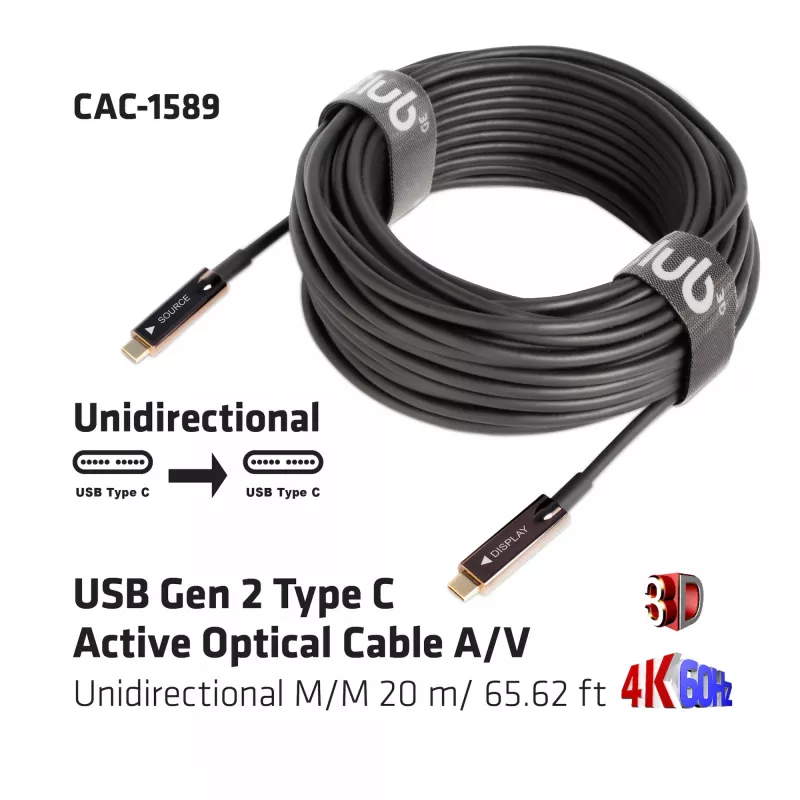 CLUB3D CAC-1589 USB Gen 2 Type C aktīvais optiskais kabelis A/V vienvirziena M/M 20 m