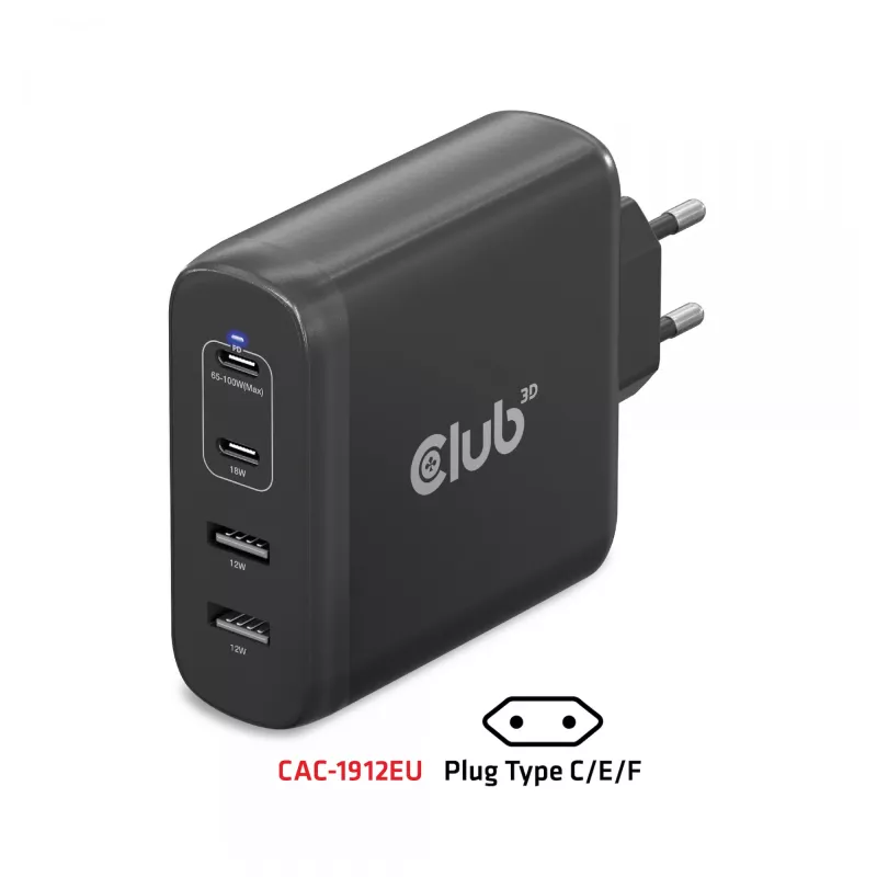 CLUB3D CAC-1912 Ceļojumu lādētājs 100W GaN, 2x USB-C + 2x USB-A, PD 3.0
