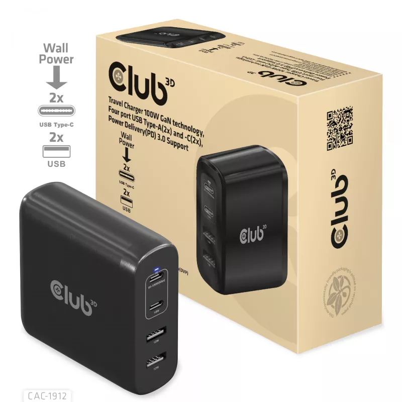 CLUB3D CAC-1912 Ceļojumu lādētājs 100W GaN, 2x USB-C + 2x USB-A, PD 3.0