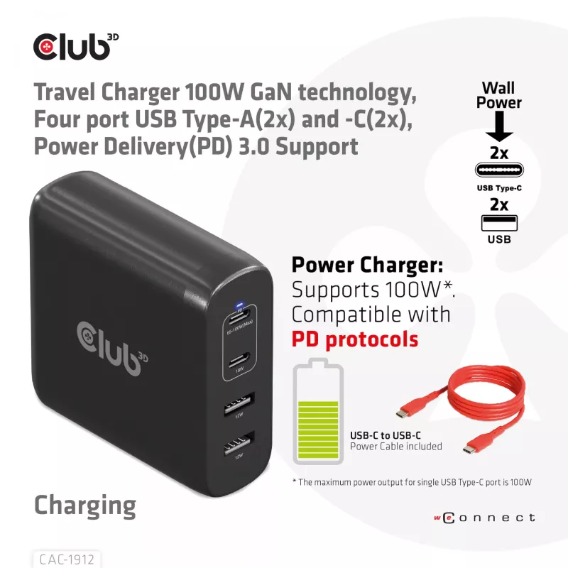 CLUB3D CAC-1912 Ceļojumu lādētājs 100W GaN, 2x USB-C + 2x USB-A, PD 3.0