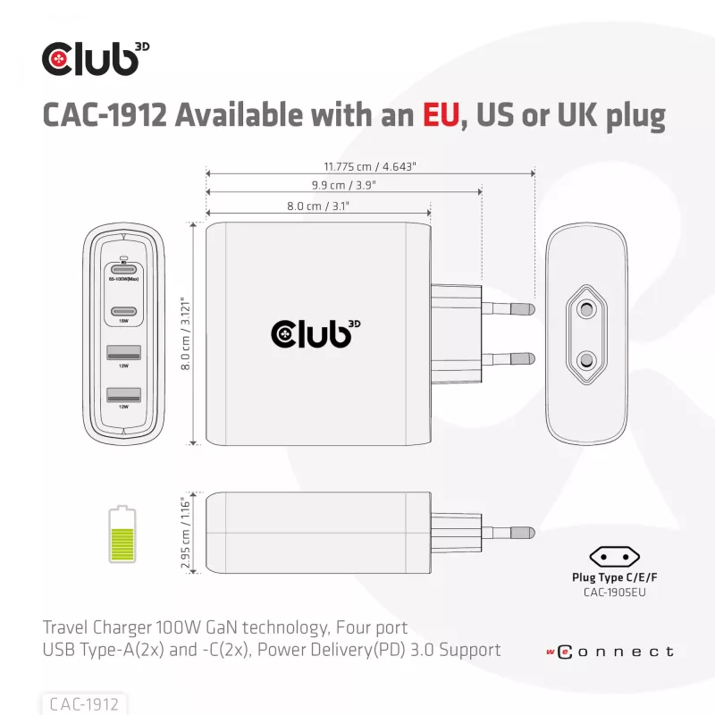 CLUB3D CAC-1912 Ceļojumu lādētājs 100W GaN, 2x USB-C + 2x USB-A, PD 3.0