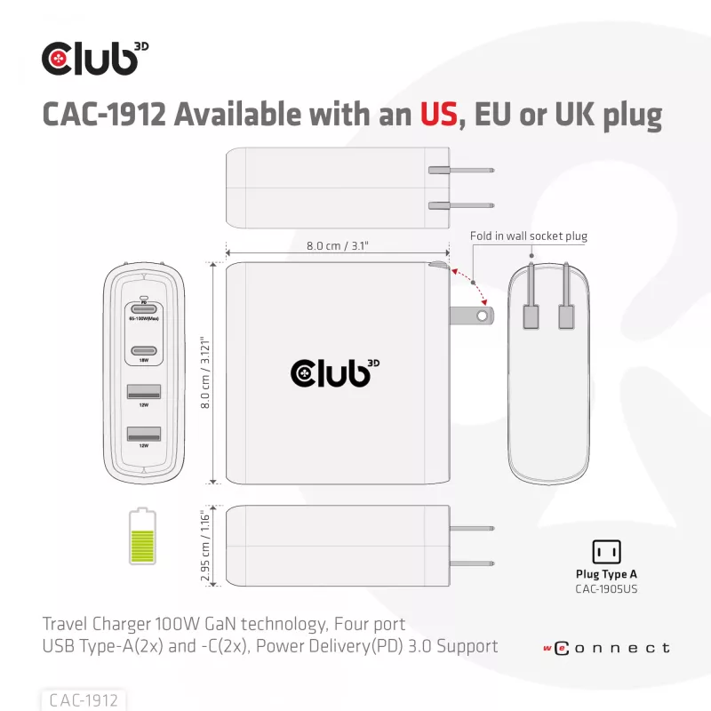 CLUB3D CAC-1912 Ceļojumu lādētājs 100W GaN, 2x USB-C + 2x USB-A, PD 3.0