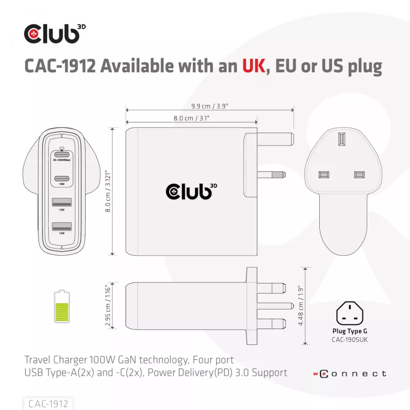 CLUB3D CAC-1912 Ceļojumu lādētājs 100W GaN, 2x USB-C + 2x USB-A, PD 3.0
