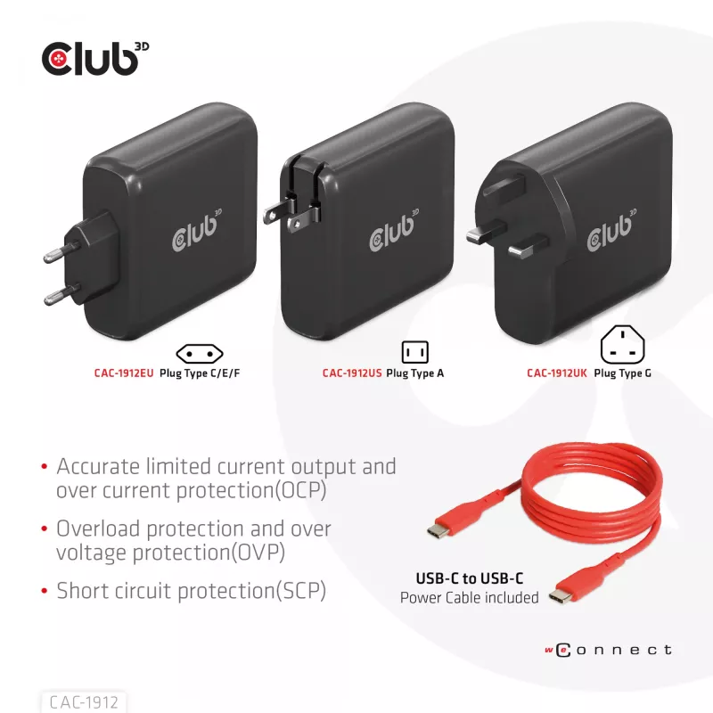 CLUB3D CAC-1912 Ceļojumu lādētājs 100W GaN, 2x USB-C + 2x USB-A, PD 3.0