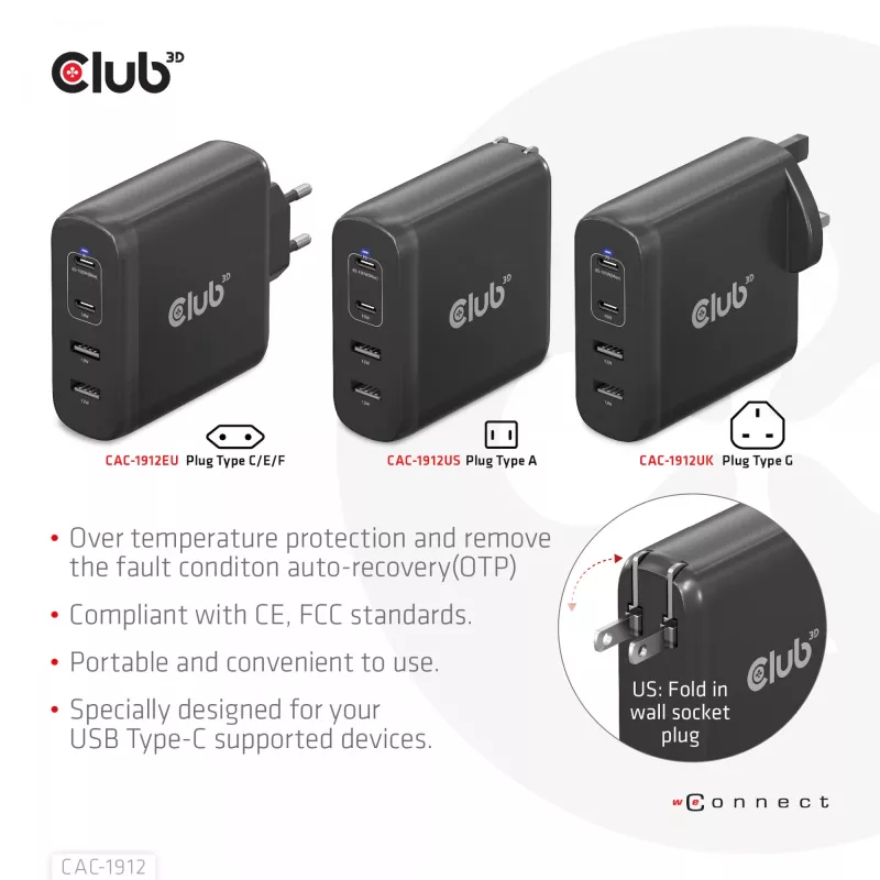 CLUB3D CAC-1912 Ceļojumu lādētājs 100W GaN, 2x USB-C + 2x USB-A, PD 3.0