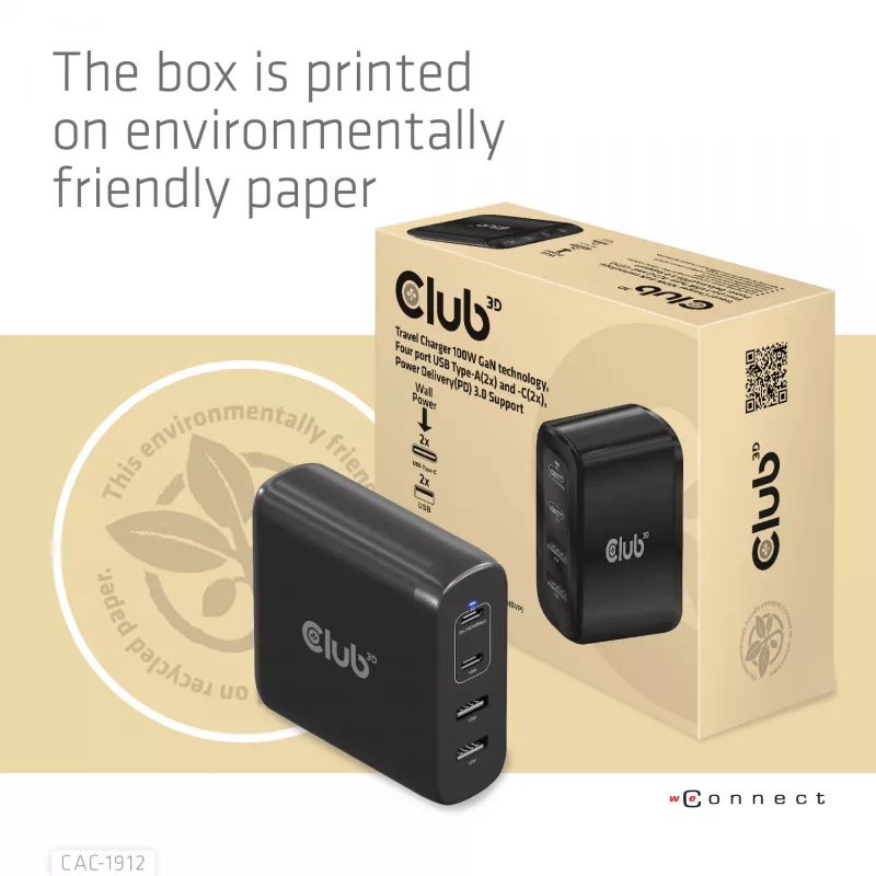 CLUB3D CAC-1912 Ceļojumu lādētājs 100W GaN, 2x USB-C + 2x USB-A, PD 3.0