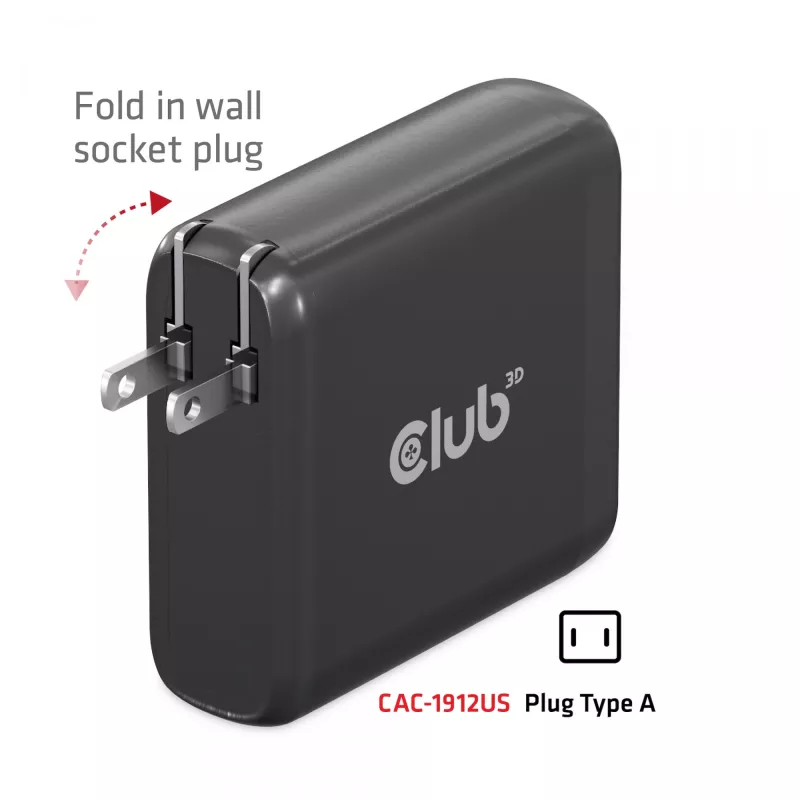 CLUB3D CAC-1912 Ceļojumu lādētājs 100W GaN, 2x USB-C + 2x USB-A, PD 3.0