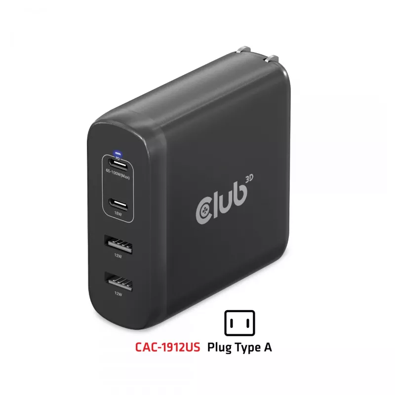CLUB3D CAC-1912 Ceļojumu lādētājs 100W GaN, 2x USB-C + 2x USB-A, PD 3.0
