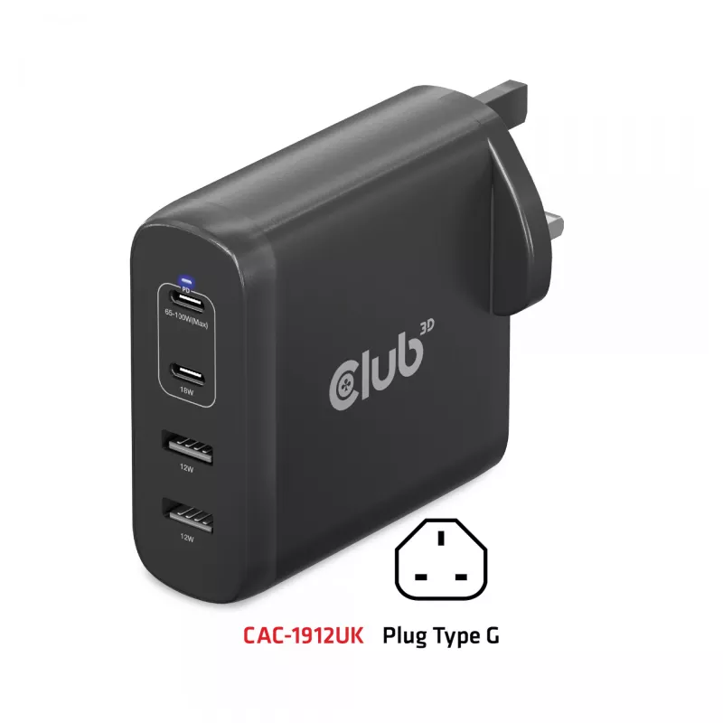 CLUB3D CAC-1912 Ceļojumu lādētājs 100W GaN, 2x USB-C + 2x USB-A, PD 3.0