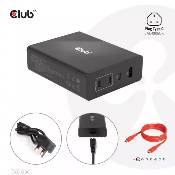 CLUB3D Ceļojumu Lādētājs 132W GaN tehnoloģija, Četri USB Type-A un -C porti, Atbalsta Power Delivery (PD) 3.0