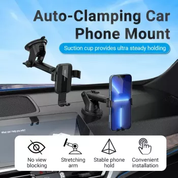 Auto stiprinājums telefonam Vention KCOB0 — automātiska fiksācija, piesūceknis, melns, 73 mm platums, 117.6 mm augstums