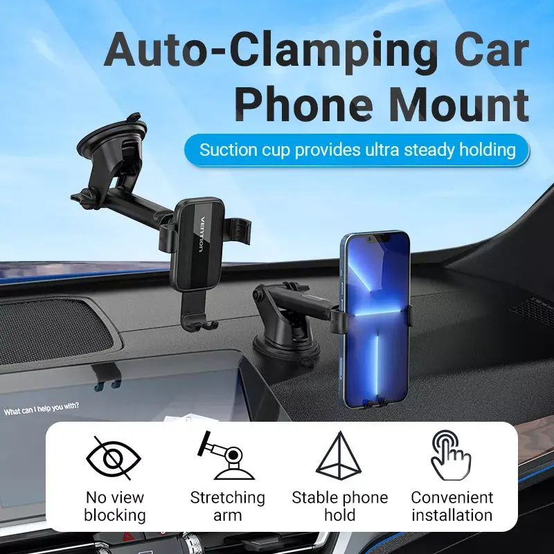 Auto stiprinājums telefonam Vention KCOB0 — automātiska fiksācija, piesūceknis, melns, 73 mm platums, 117.6 mm augstums