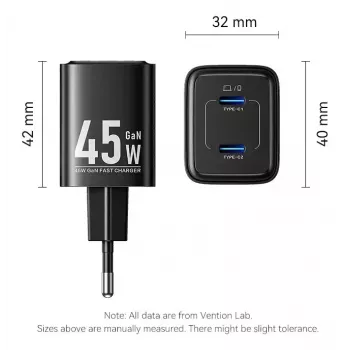 Vention FEFW0-EU iekštelpu ātrais lādētājs 45 W, 2× USB-C, balts