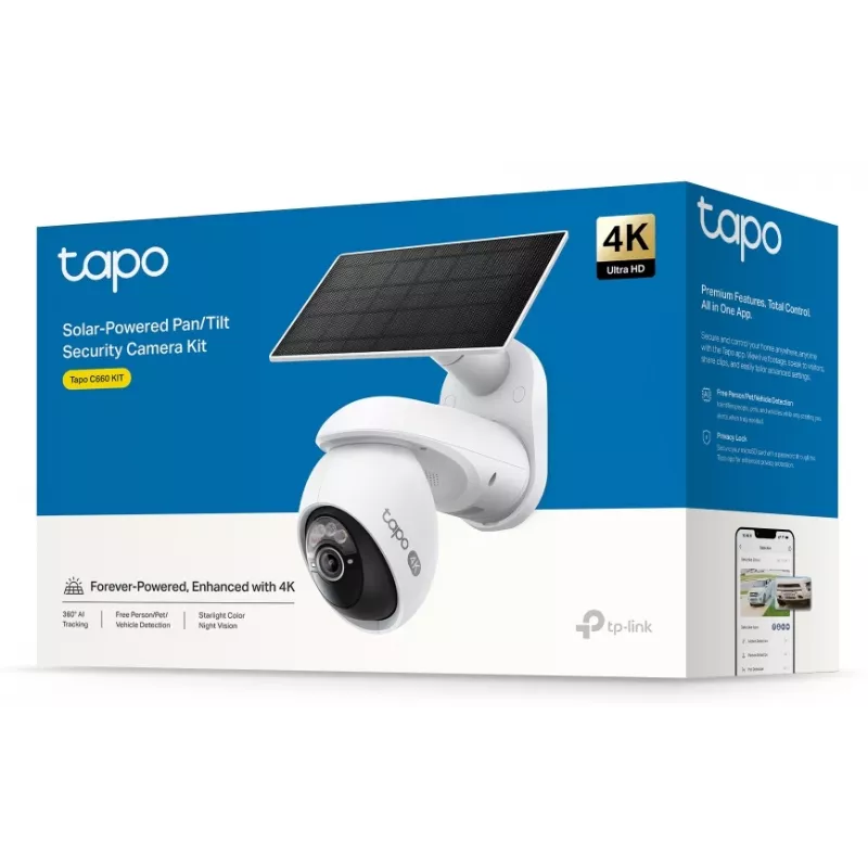 IP novērošanas kamera TP-Link Tapo C660 KIT — 8 MP 3840×2160, 4 mm objektīvs, 20 kadri/s, Wi‑Fi un Ethernet, āra IP65, IR nakts redzamība 12 m