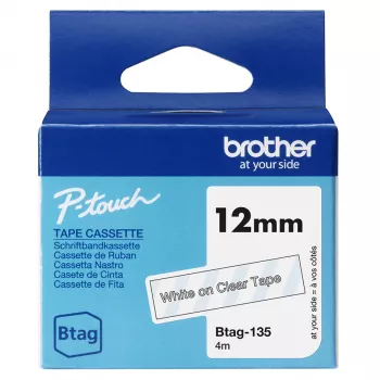 Lentīšu lente Brother BTAG-135 Balts uz caurspīdīga 1.2 cm 4 m