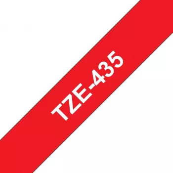 Brother TZe-435 lentes kasetne — balts teksts uz sarkana fona (12mm x 8m)