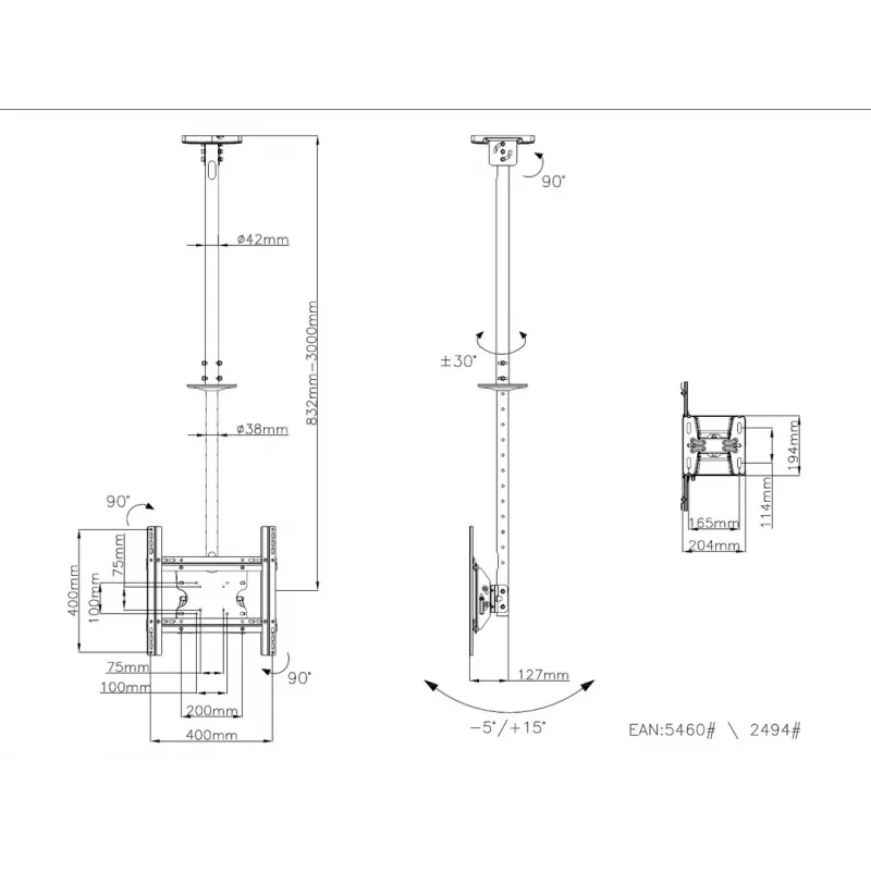 Multibrackets M Public Ceilingmount Medium Single griestu stiprinājums, 81,3–116,8 cm (32–46 collas), maks. 70 kg, VESA no 100x100 līdz 400x400, slīpums no -5 līdz +15°, melns