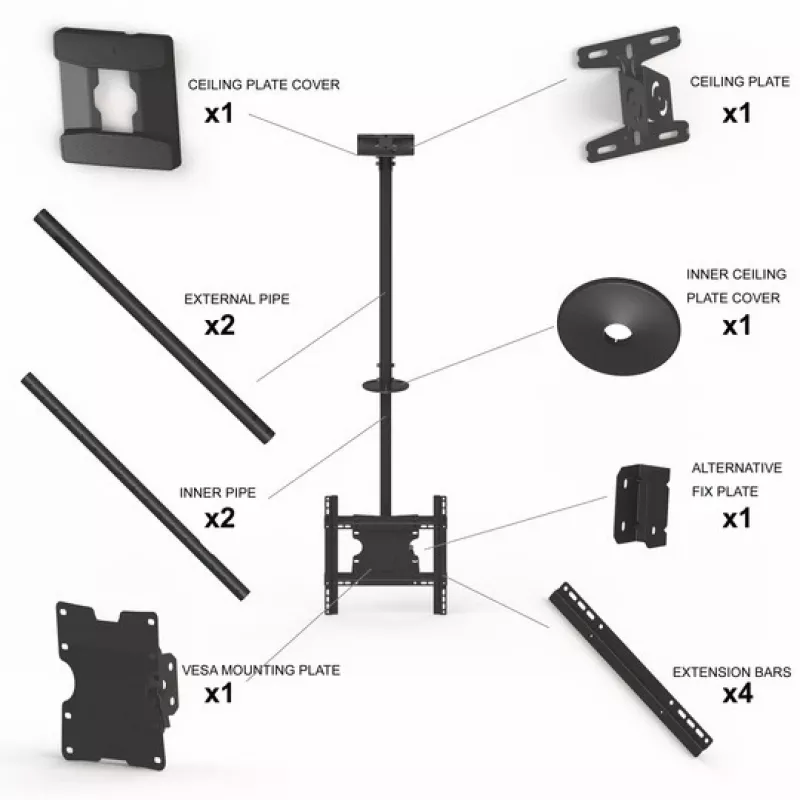 Multibrackets M Public Ceilingmount Medium Single griestu stiprinājums, 81,3–116,8 cm (32–46 collas), maks. 70 kg, VESA no 100x100 līdz 400x400, slīpums no -5 līdz +15°, melns