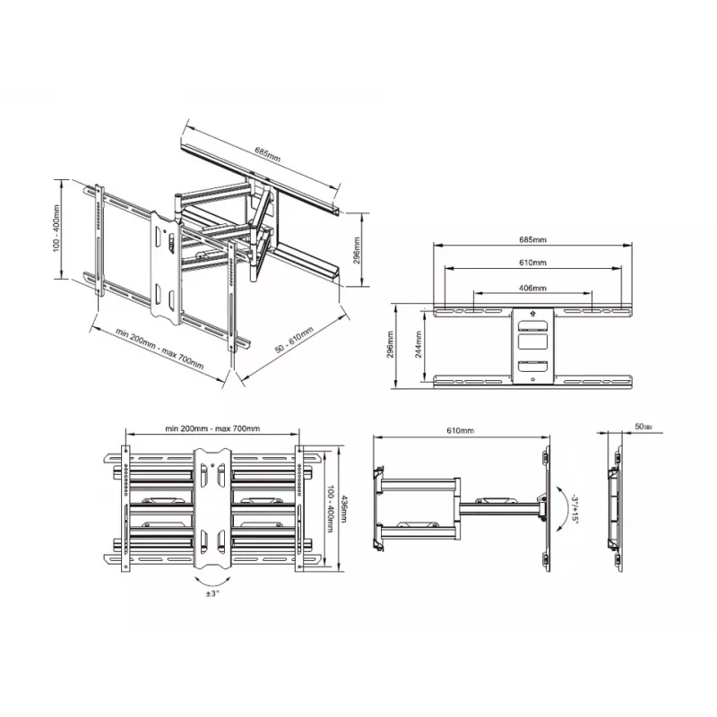 Piestiprināšanas kronšteins Multibrackets M Universal Flexarm Pro 60 kg Smagās slodzes Melns