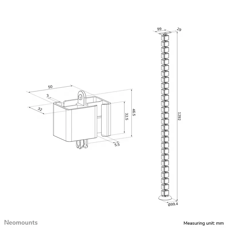 Kabeļu mugurkaula organizators Neomounts ADS06-130WH, pieskrūvējams, balts, 130 mm