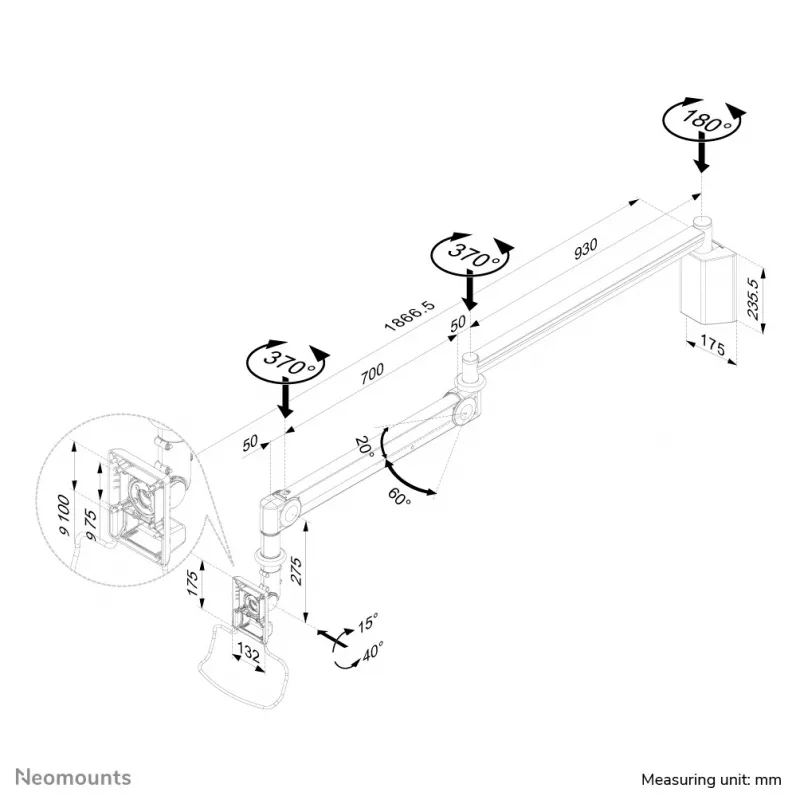 Neomounts FPMA-HAW100 medicīnas monitora sienas stiprinājums 10-24 collām - augstums 0-170 cm - gāzes atspere