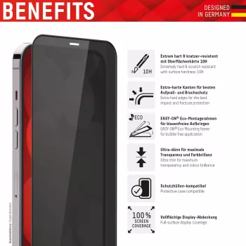 Displex Privātuma Stikla Aizsargs (10H) Apple iPhone 13/13 Pro/14/16e/17e, ar Eco Montāžas Rāmi, Privātuma Filtrs