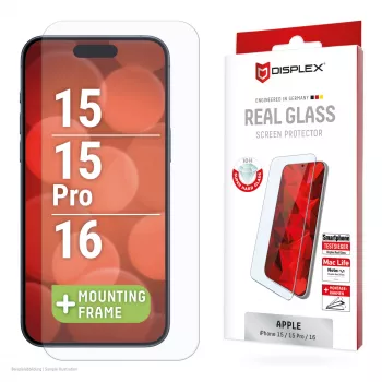 Displex ekrāna aizsargstikls (10H) Apple iPhone 15/15 Pro/16, Eco montāžas rāmis, izturīgs pret skrāpējumiem