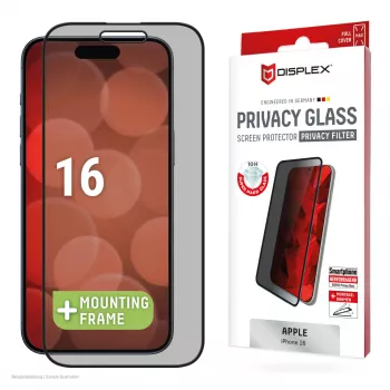 Displex Privātuma stikla aizsargs (10H) Apple iPhone 16, Eco montāžas rāmis, Privātuma filtrs