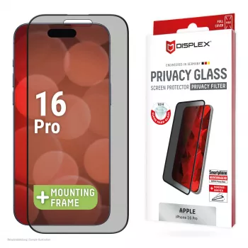 Displex Privātuma aizsargstikls (10H) Apple iPhone 16 Pro, Eco montāžas rāmis, Privātuma filtrs