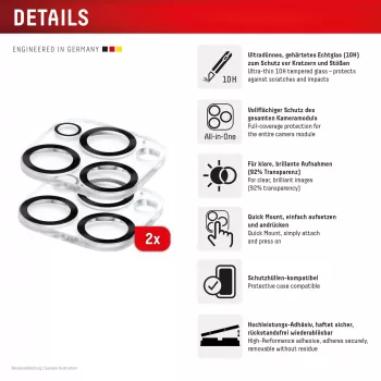 Displex Full Cover Kameras Stikls iPhone 16 Pro/16 Pro Max, 10H, Pilns Kameras Aizsargs, Ātrā Uzlikšana, 2-Pack