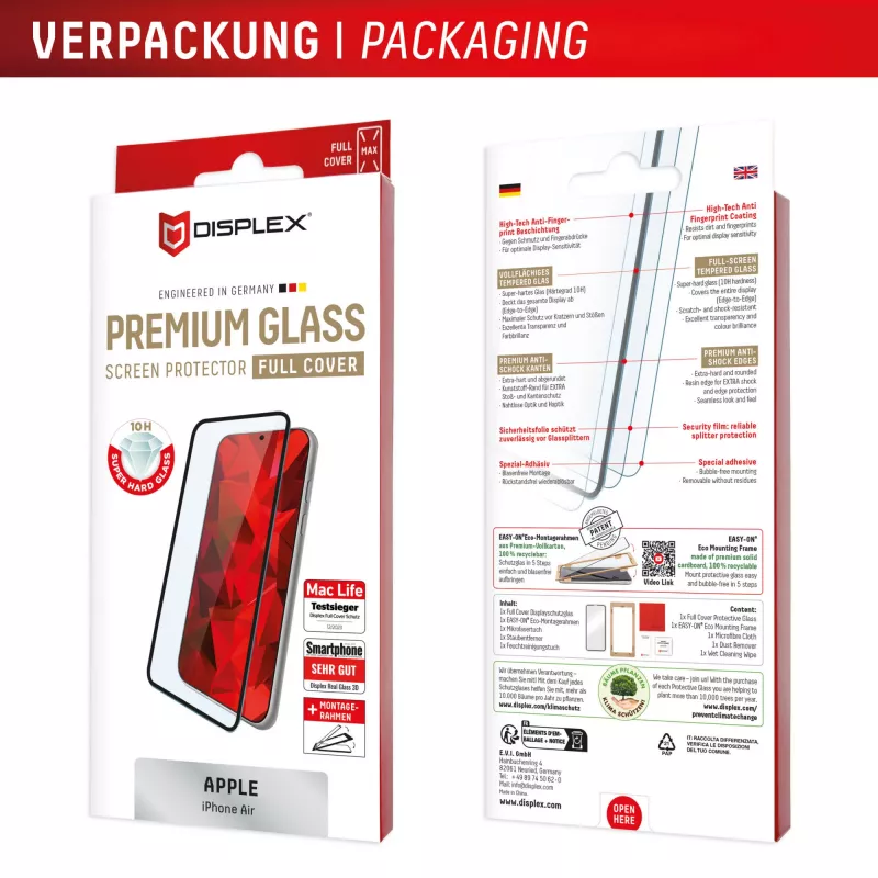 Displex Premium ekrāna aizsargs (Pilna pārklājuma, 10H) Apple iPhone Air, EASY-ON® Eco montāžas rāmis, pilns pārklājums