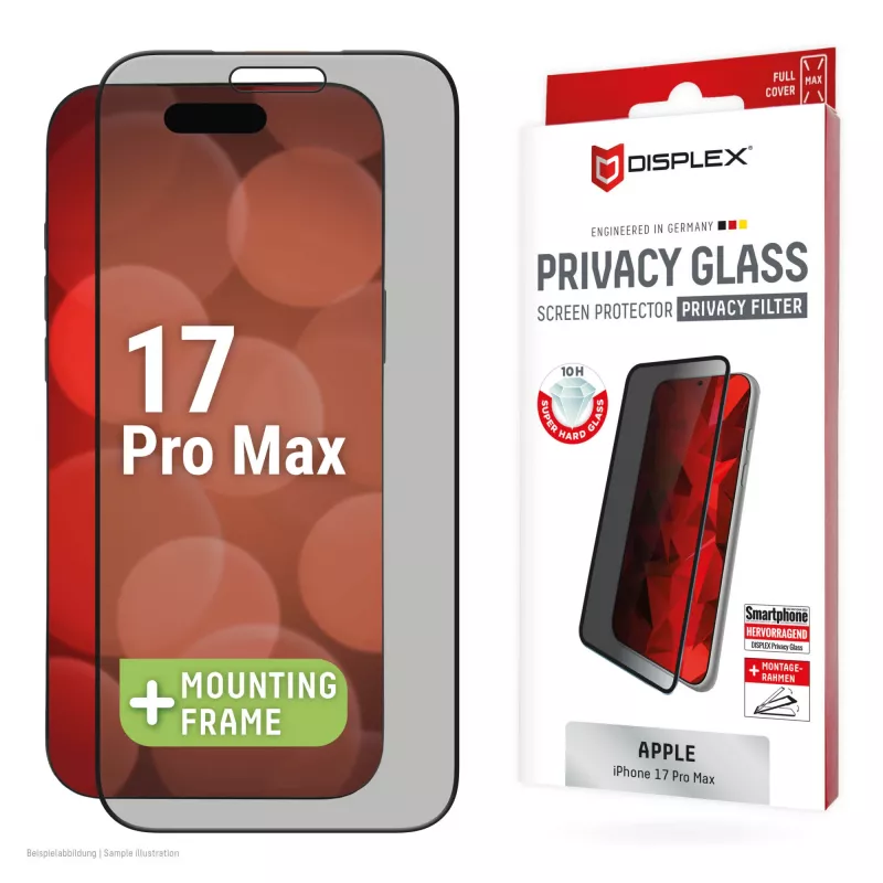 Displex Privātuma stikla aizsargs (10H) Apple iPhone 17 Pro Max, ar Eco montāžas rāmi, privātuma filtrs