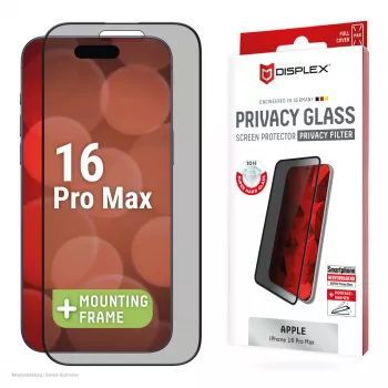 Displex Privātuma Ekrāna Aizsargstikls (10H) Apple iPhone 16 Pro Max, Eco Montāžas Rāmis, Privātuma Filtri