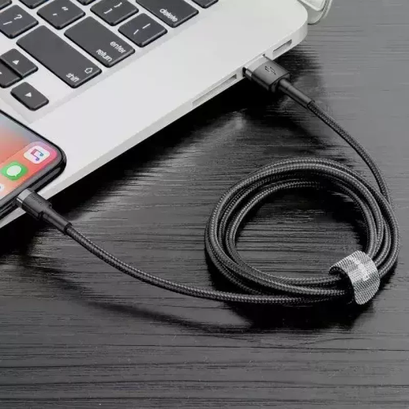 USB A uz Lightning kabelis Baseus Cafule (CALKLF-CG1) — neilona pīts, QC3.0 1.5A, 2 m, pelēks/melns