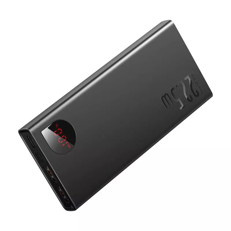 Baseus Adaman Metal power bank, Litija-jonu 10000mAh, 2xUSB, USB-C, Lightning, MicroUSB 22,5W (Melns)