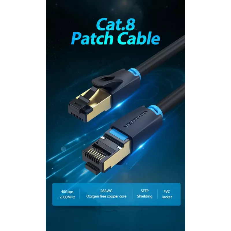 Vention Cat.8 S/FTP vītais vads 1 m Melns RJ-45 zeltīts