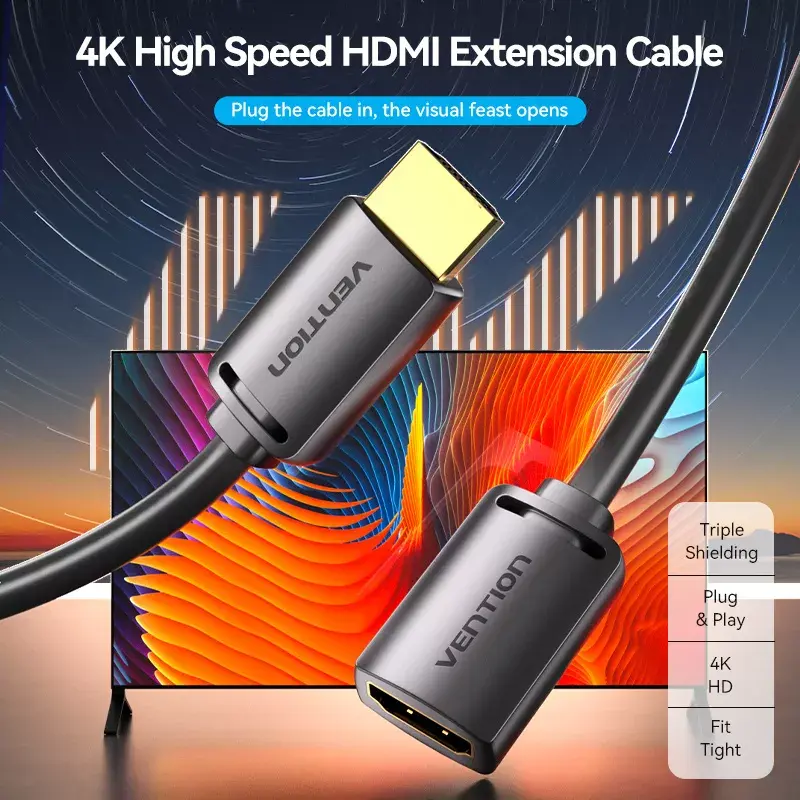 Vention AHCBI HDMI-A spraudnis–HDMI-A ligzda pagarinātājs, 3 m, 4K@60Hz, PVC, melns